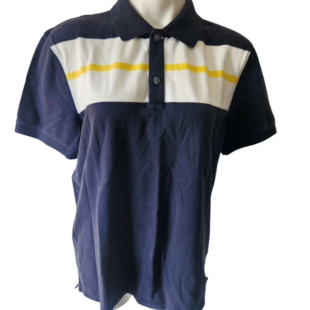 Banana Republic Mens Fitted Polo navy blue body with yellow strip Cotton blend L
